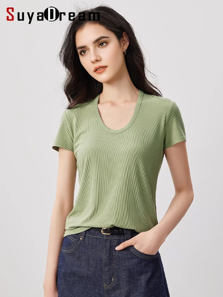 

SuyaDream, Woman Ribs T shirts, 10%Silk, Cozy Short sleeved Tee, Soft and breathable Fabric, Solid Top, 2026 Spring Summer Cloth
