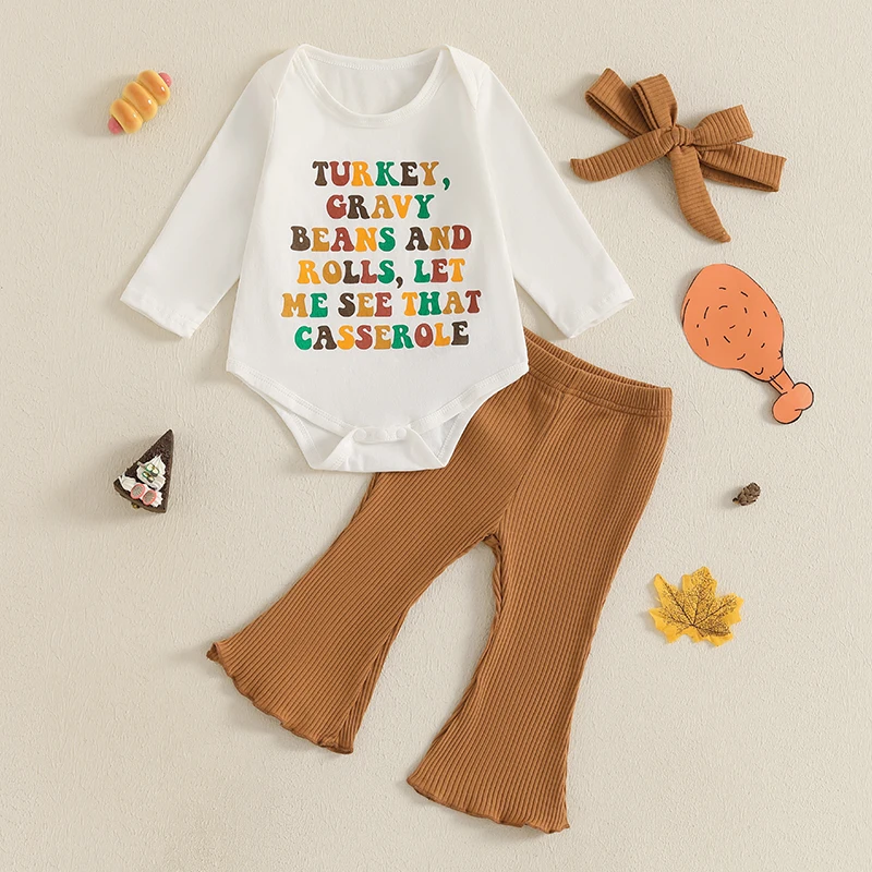 

2024-07-17 Lioraitiin Baby Girls Thanksgiving Pants Sets Long Sleeve Letter Print Romper Flared Pants Headband Sets