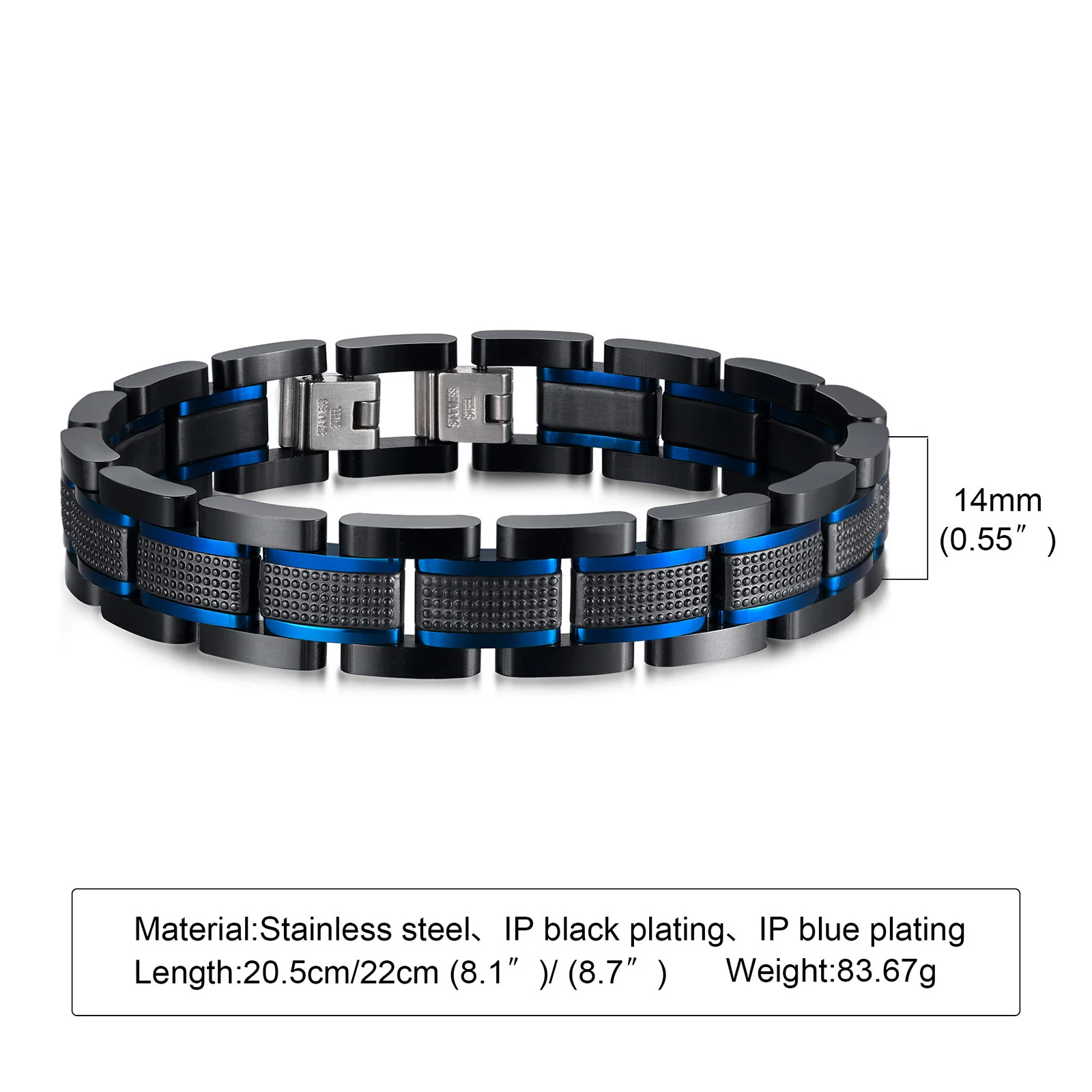 Vnox 14mm Luxury Chain Bracelet for Men, Chunky Bold Punk Wristband, Black Thick Chain with Blue Lines Bracelet