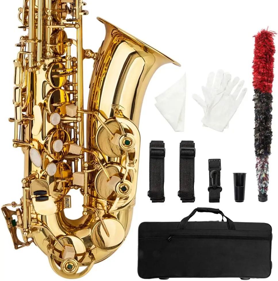 Alto Saxophone Drop E Brass Sax Full Kit for Student Beginners with Carving, Mouthpiece, Carrying Case, Gloves, Cleaning Cloth B