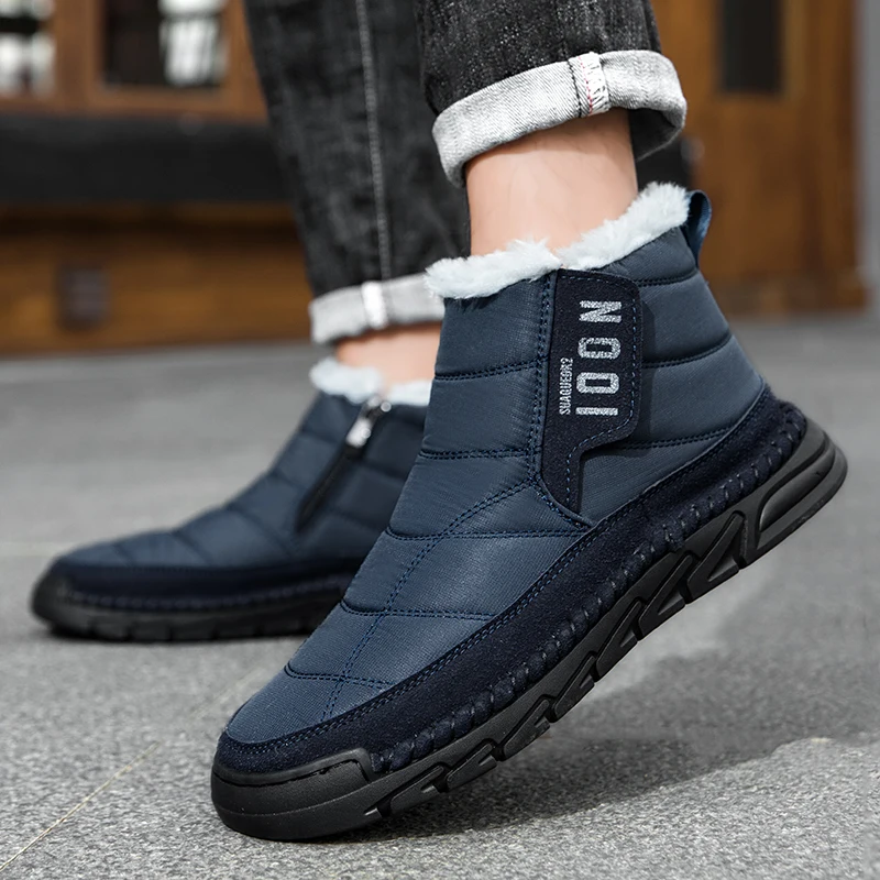 Outdoor Winter Plush Warm and Comfortable Anti Slip Snow Boots Fashion Brand Men's Side Zipper Thick Soled Casual Short Boots
