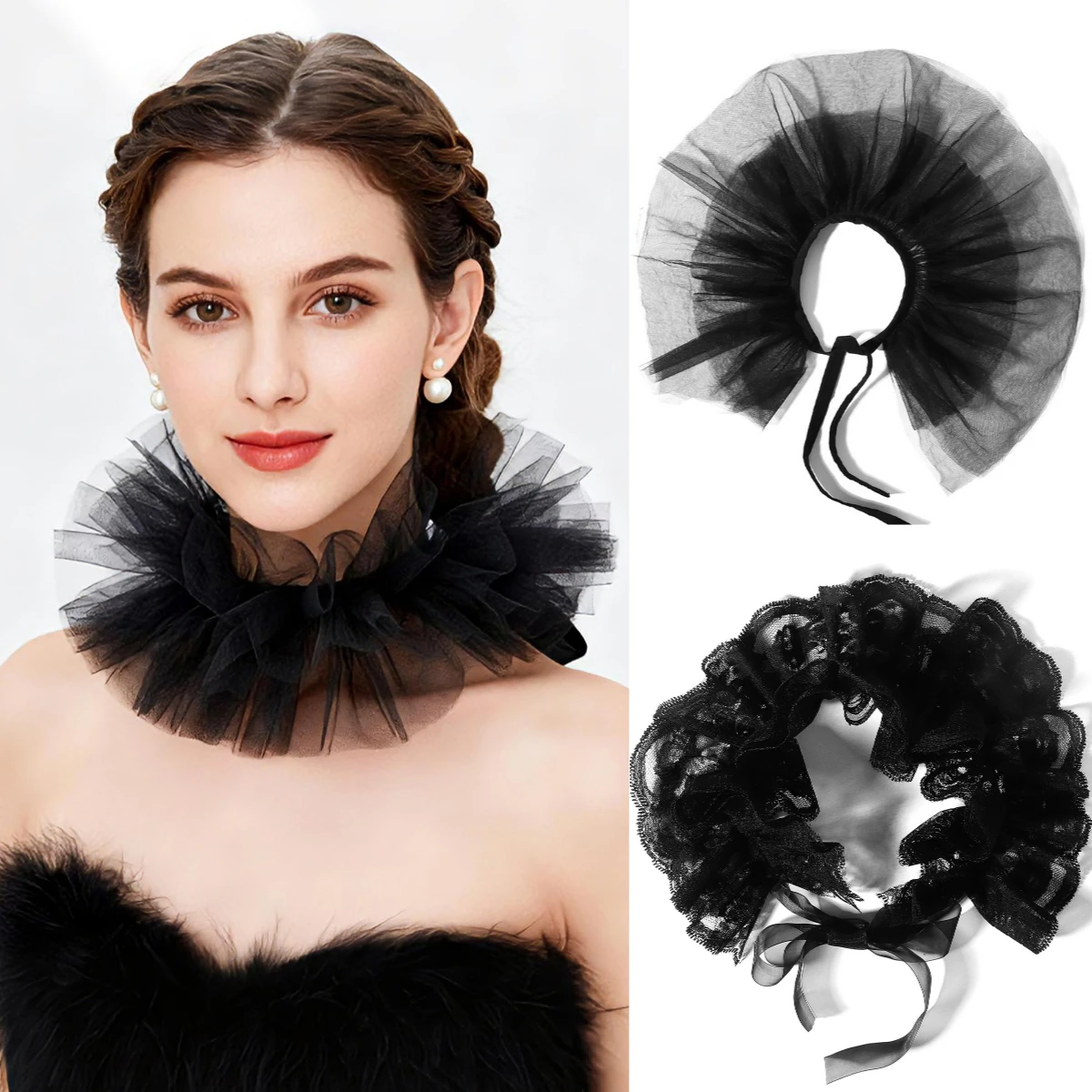 

Модный черный винтажный кружевной воротник с рюшами, съемный тюлевой воротник с рюшами, викторианский клоун, аксессуары для косплея, реквизит для сценических игр