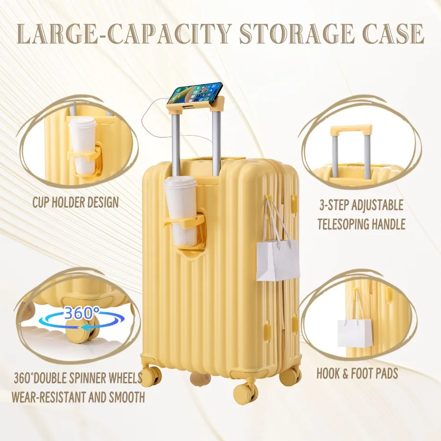 ABS Spinner Wheel Luggage Carry on Suitcase with Cup Holder USB Port Phone Holder 20 24 28