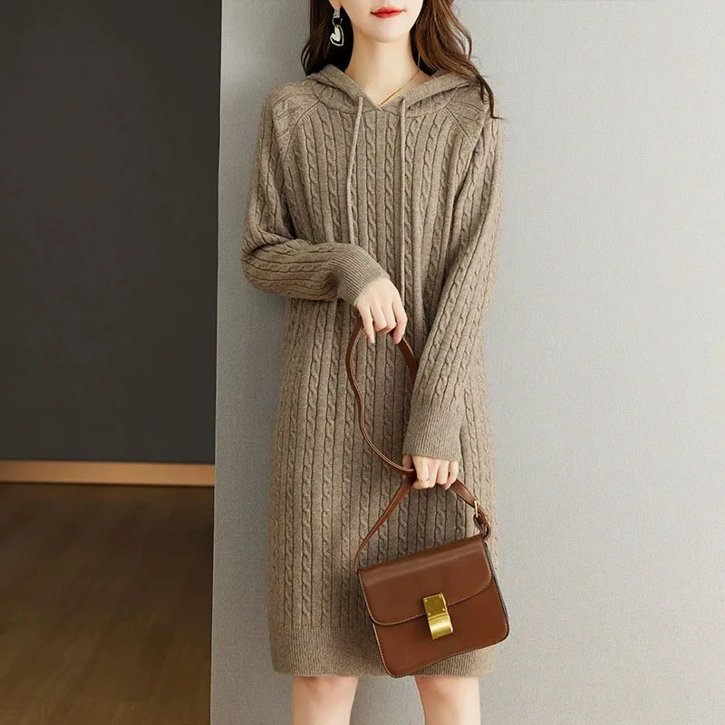 Frauen Pullover Pullover Kleider Streetwear Casual Lose Mit Kapuze Midi Kleid für Frau Vintage Vielseitig Knielangen Strickkleid