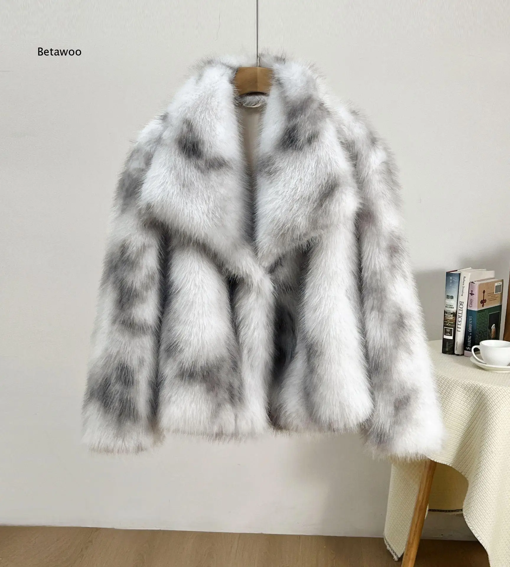 Womens Marbled Faux Fur Outerwear Wide Lapel Long Sleeve Fluffy Plush Short Coat For Casual Street Style And Party Occasions