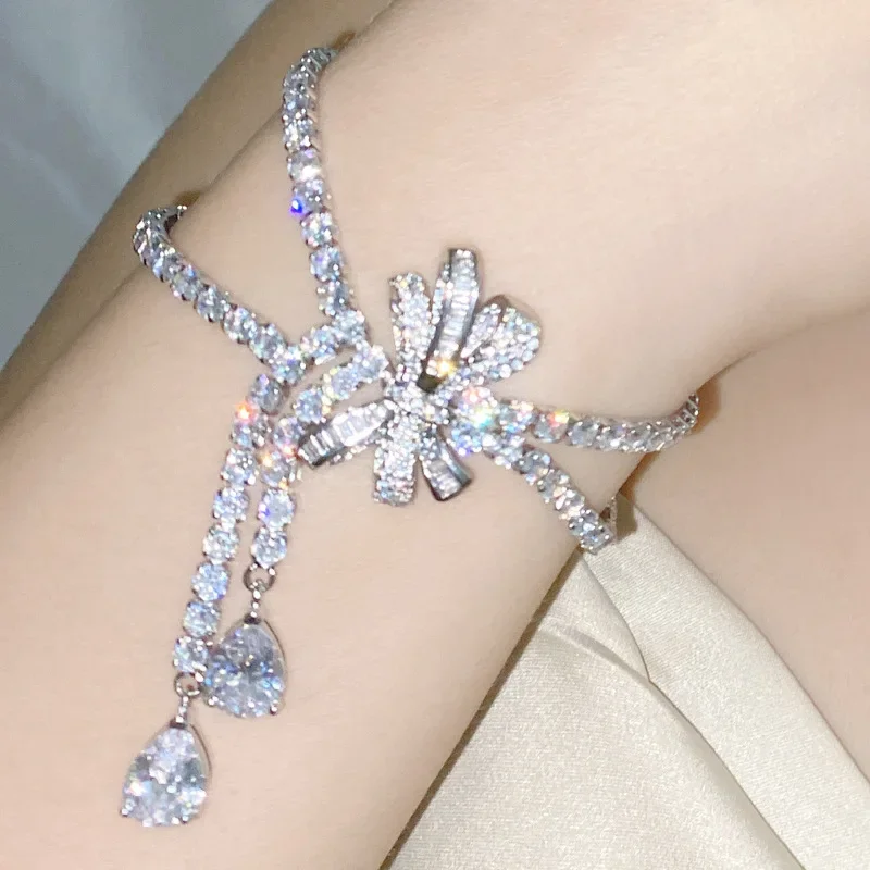 

MDLFES Moissan Diamond Style Evening dress bow tassel bracelet women's plated 18K