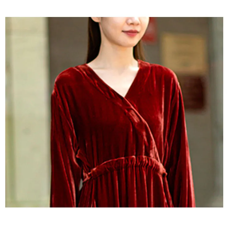 Fengbaoyu vestido feminino de veludo de seda natural, manga comprida, decote em V, comprimento médio, confortável, macio, casual, luxuoso