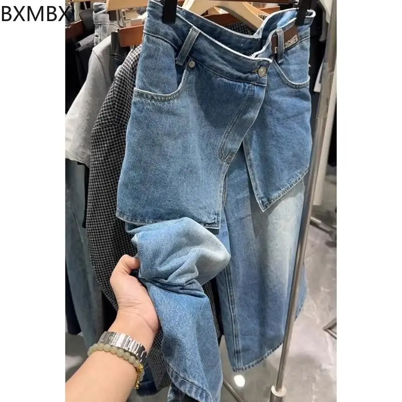 retro blue fake two-piece jeans women's summer fat mm loose high waist and thin straight wide-leg cropped pants
