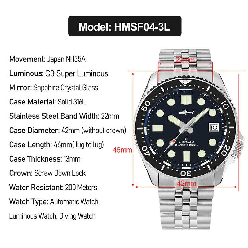 HEIMDALLR Sharkey NH35 Automatic Men\'s Watch Mechanical C3 Luminous Dial Sapphire Diver Watch 200M Mechanic Wristwatch SKX007