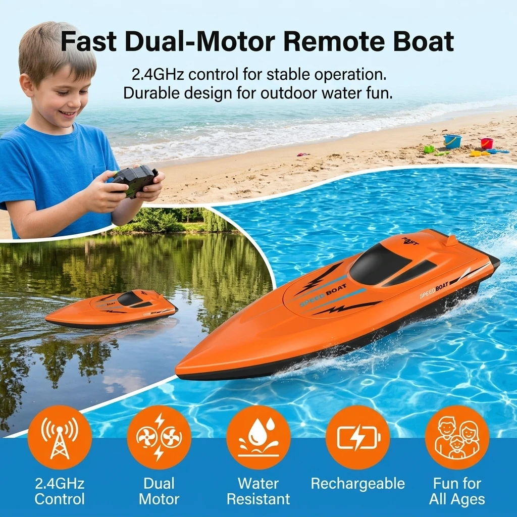 Remote Control Speedboat Plastic Dual Motor RC Boat 360 Degree Steering for Pool Lake Water Play Kids Boys Gift Durable Toy