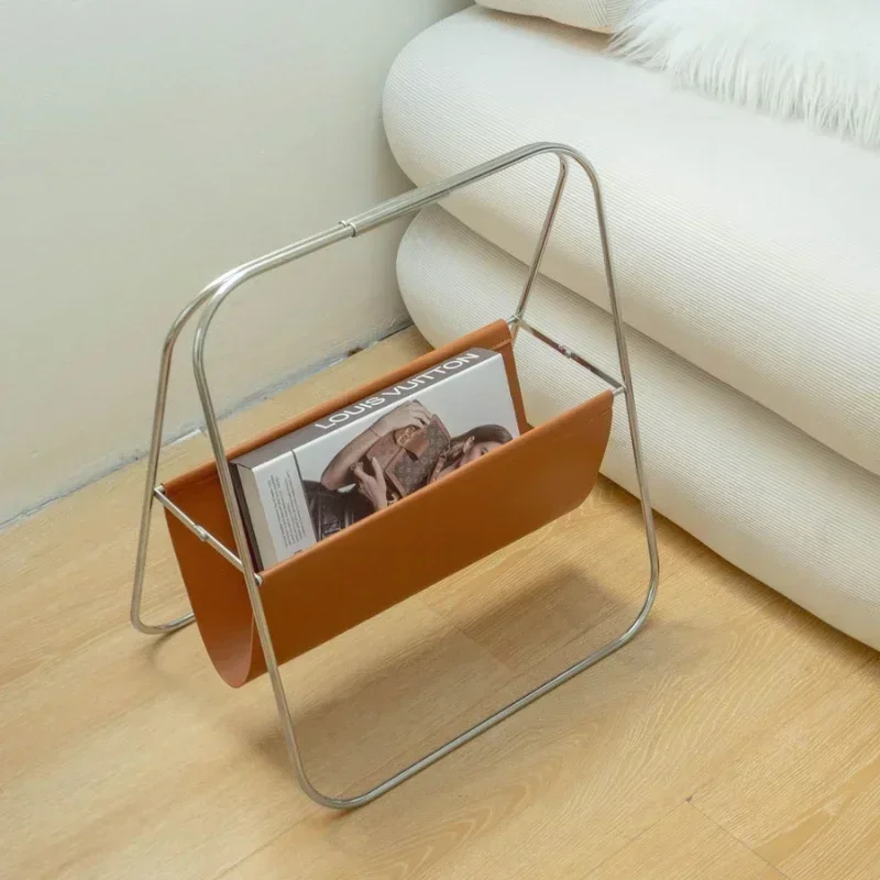 PU Leather Storage Holder Basket Decor Books Organizer Metal Frame Magazine Rack Floor Stand Album Living Room Dining Room