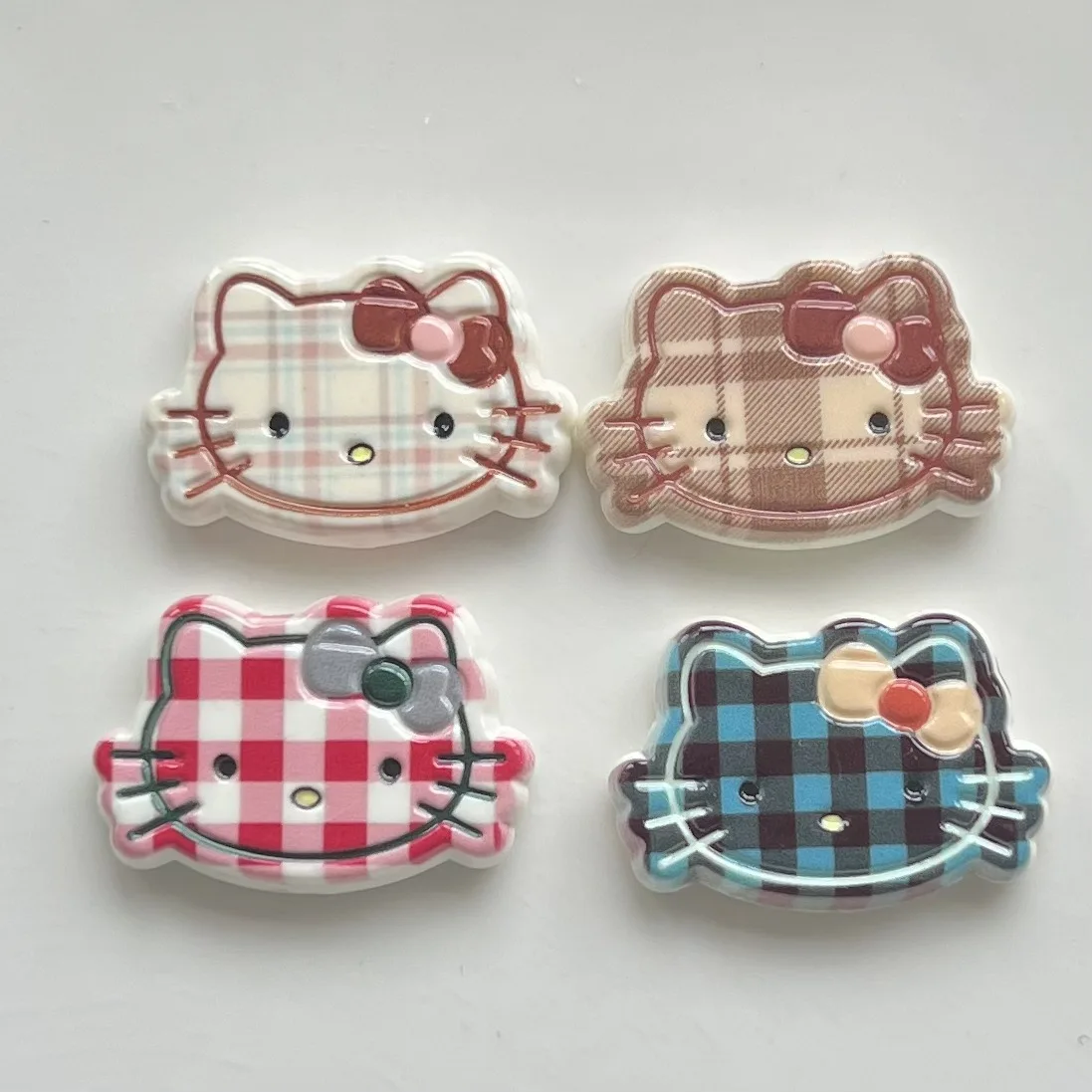 5pcs Winter Rice Coffee Plaid KT Cat Head Resin Flatback Accessories DIY Hairpin Mobile Phone Case Decoration Handmade Materials