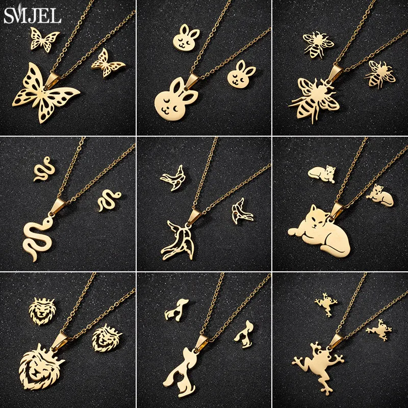 Stainless Steel Butterfly Necklace Earrings for Women Simple Bunny Snake Cat Dog Lion Jewelry Sets Cute Animal Necklaces Party