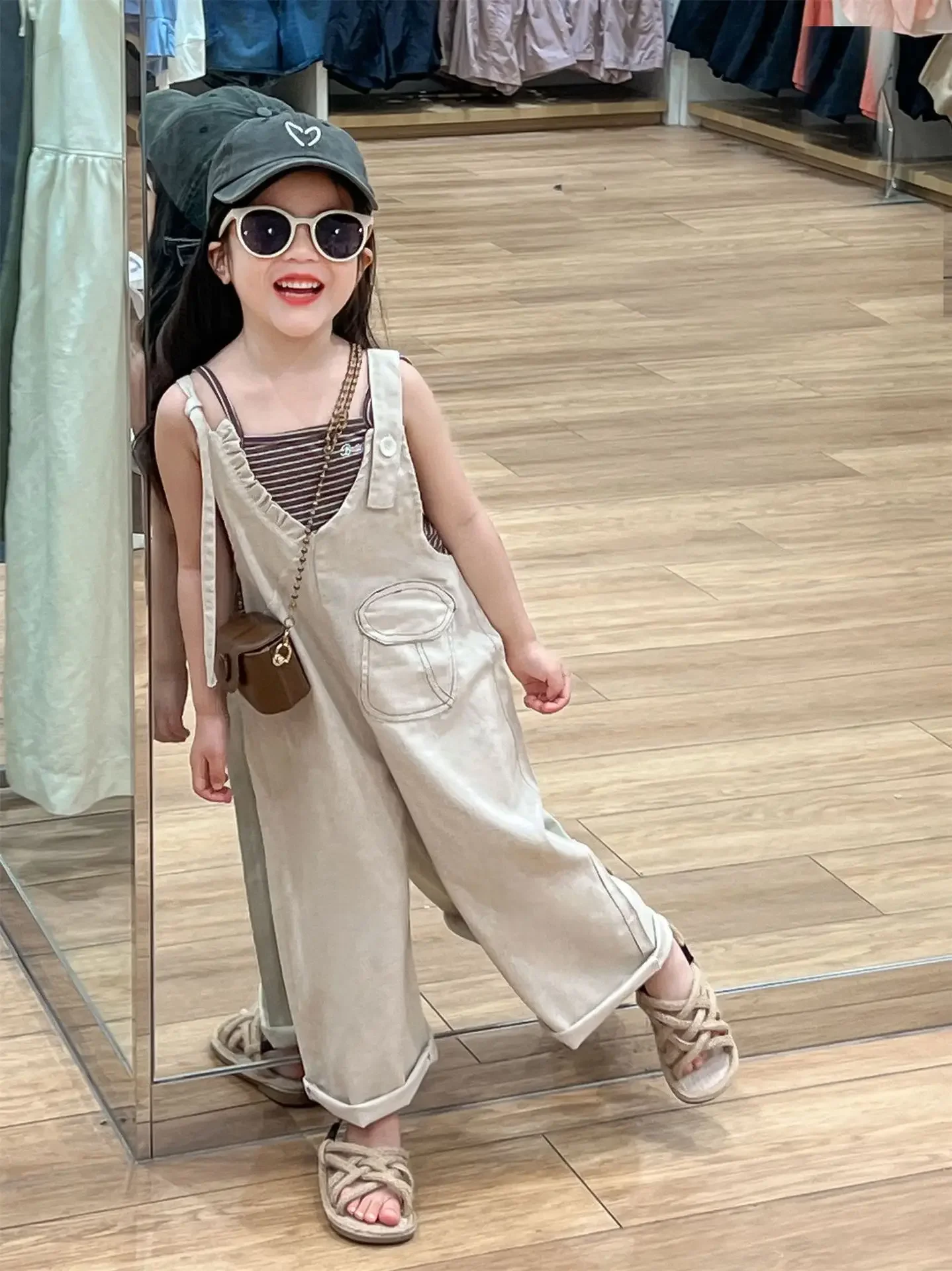 Kids Pants Summer Korean Childrens Clothing New Girls Sling Loose Soild Jumpsuit Camisole Pants Stripe Vest 2024 Loose