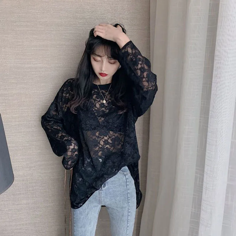 Xpqbb Korean Fashion Loose Lace Blouse Women All-match Sun Protection Hollow Out Shirts Female Summer Streetwear Smock Pullover