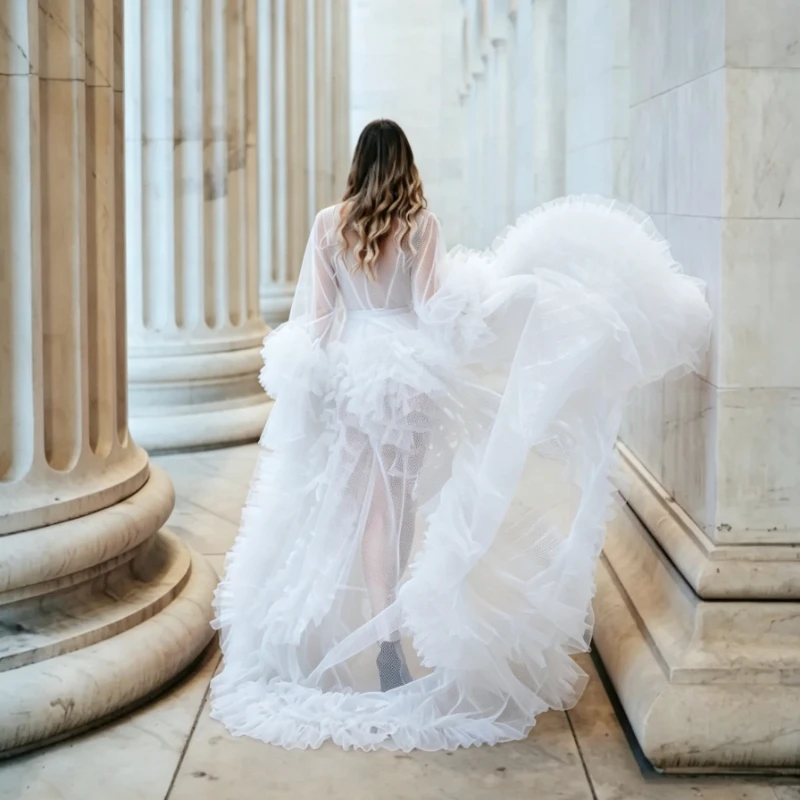 Sheer WHITE Tulle Photoshoot Dress, Puffy Sleeve Open Front Wrap Gown with High Slit Long Train, for Portrait Engagement  Shoot