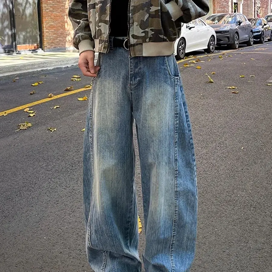 

Foufurieux Spring American High Street Baggy Jeans for Men Vintage Trendy Washed Straight Pants Men Loose Casual Wide Leg Jeans