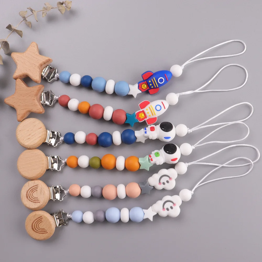 Schnullerhalter für Babys, Jungen und Mädchen, Kette aus lebensmittelechtem Kauen, Silikonperlen, niedliche Raketen-Schnullerclips