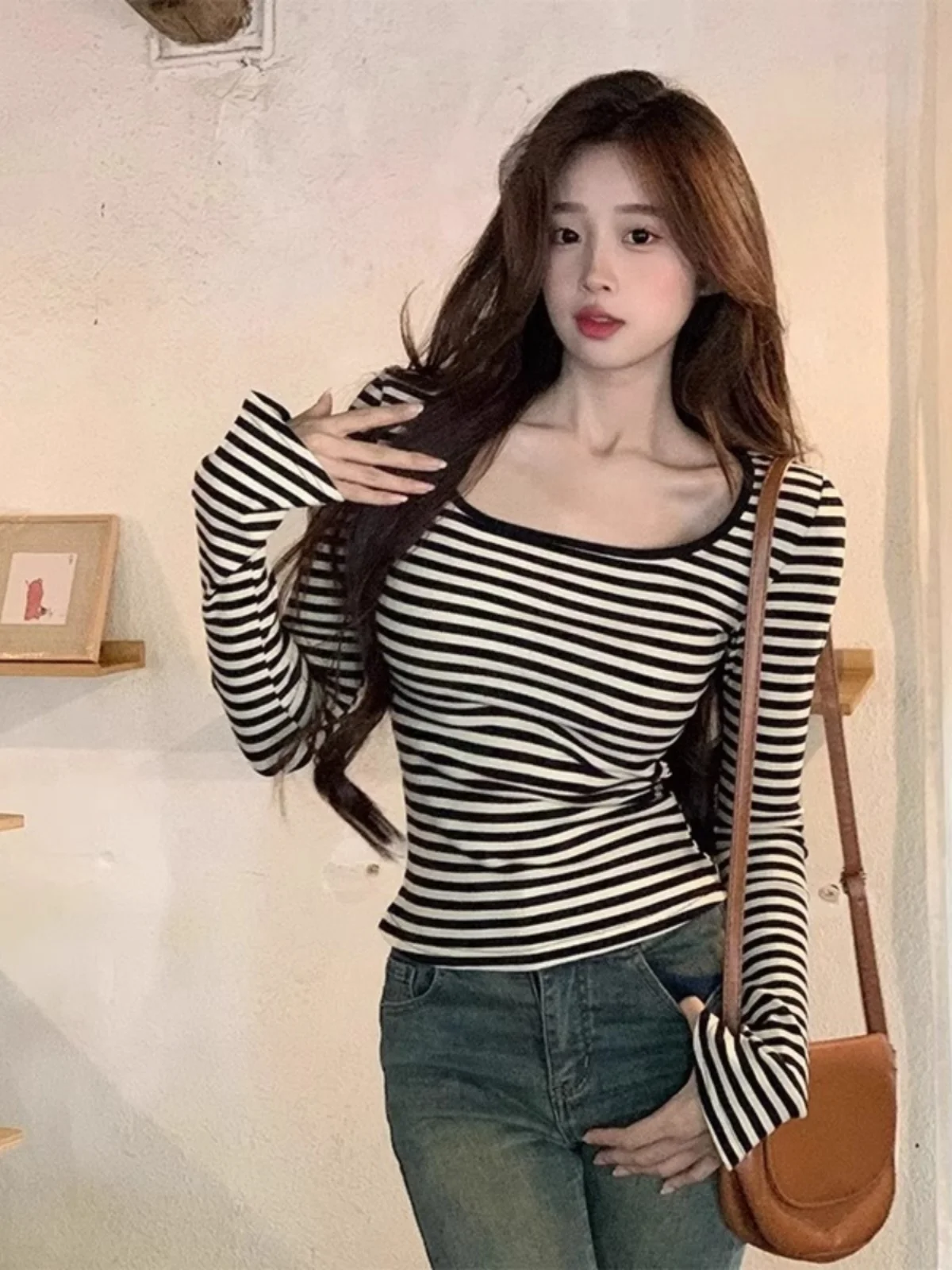 Retro Amerikaans gestreept lang Sve dames T-shirt met vierkante kraag Lente herfst lage kraag Slim Fit Base irt grote kraag top