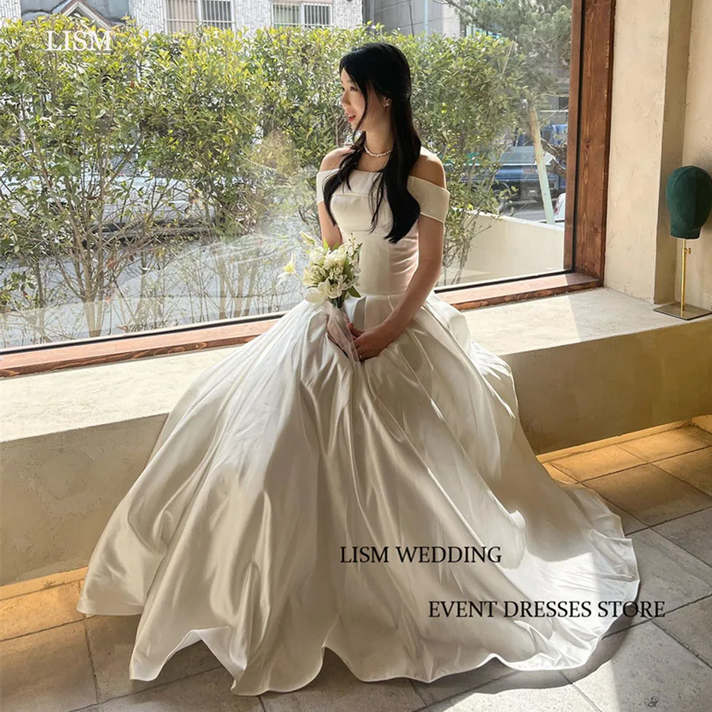 

LISM Silk Soft Satin Korea Wedding Dresses Off the Shoulder Boat Neck Floor Length A-Line Bridal Gowns Photo Shoot