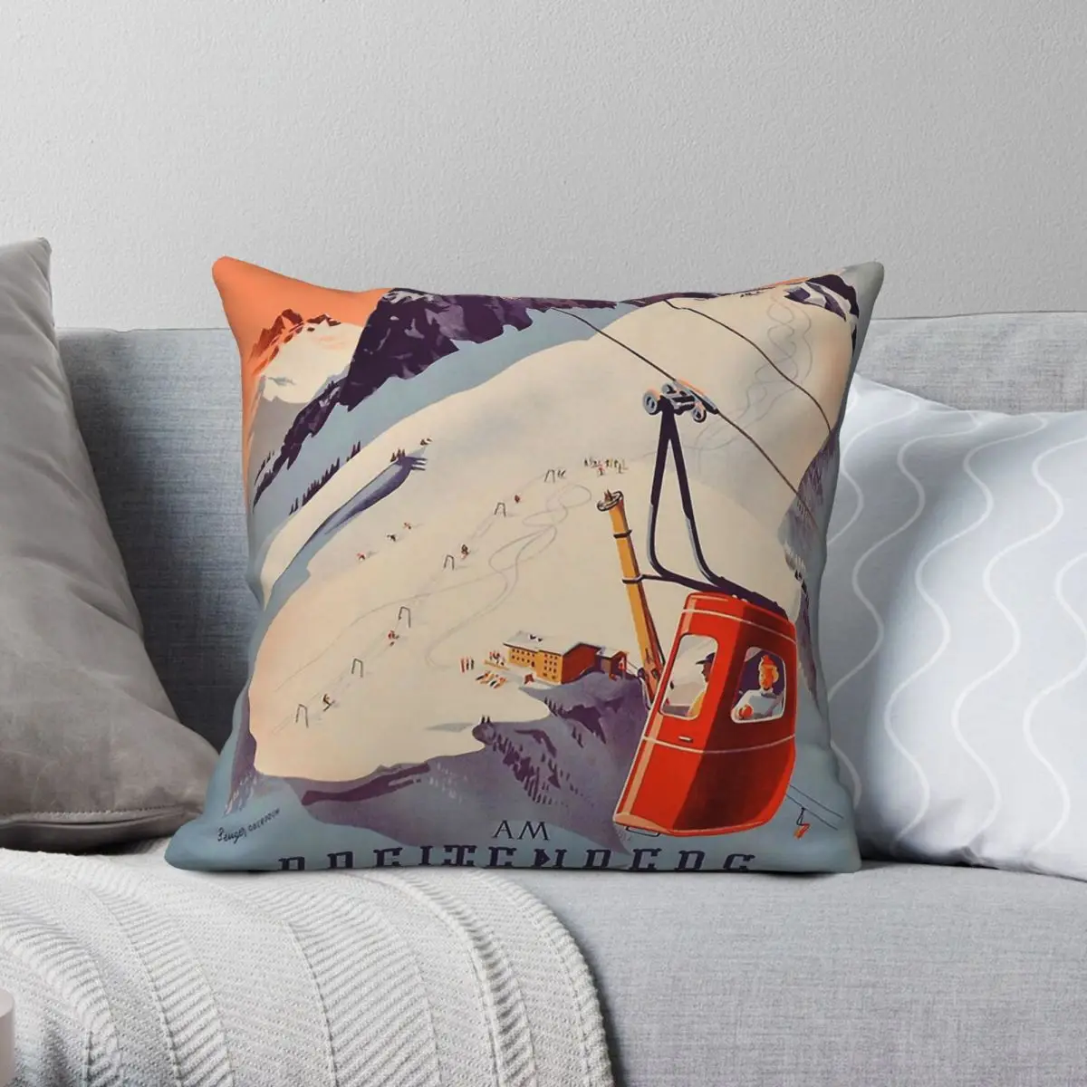 Funda de almohada cuadrada de viaje para esquí deportivo, góndola alemana, poliéster, lino, terciopelo, cremallera creativa, funda de cojín decorativa para el hogar de 18"