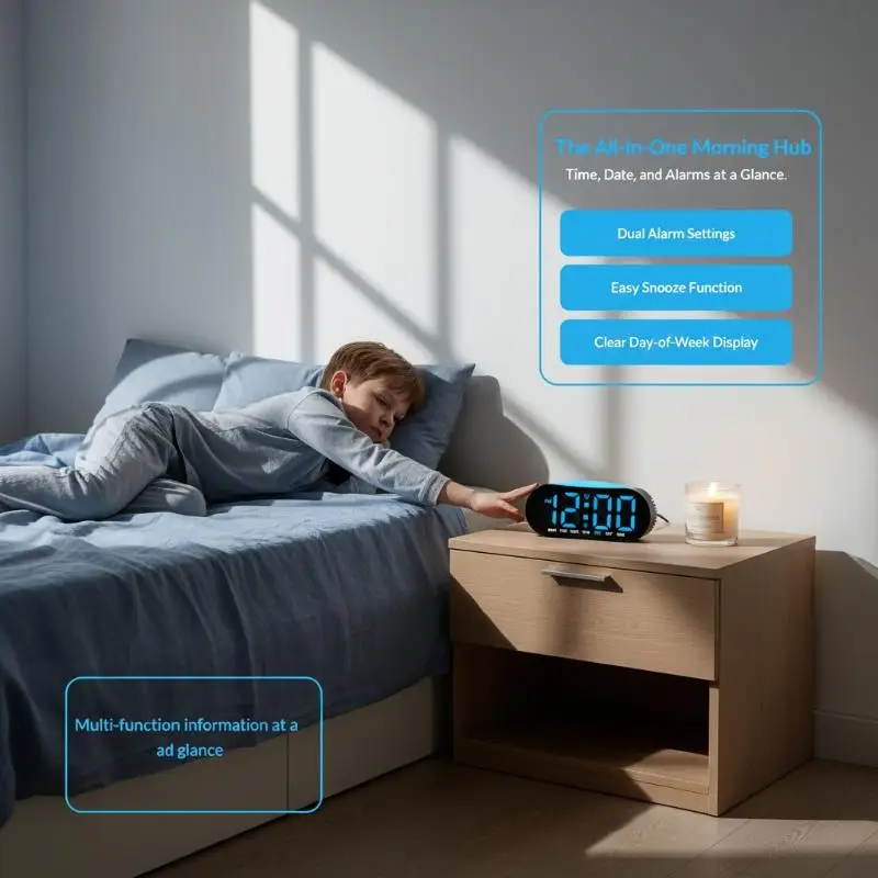 LED Electronic Alarm Clock Week Display Soft Night Light Non-Ticking for Kids Bedside Bedroom Night Use