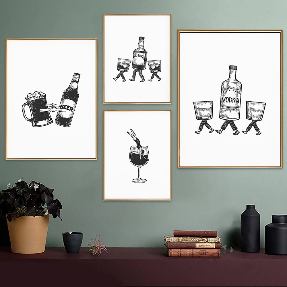 Bar Wall Art Prints Cocktail Wine Beer Whiskey Vodka Drink Poster Canvas Painting Retro Bar Cart Decor Modern Kitchen Pictures