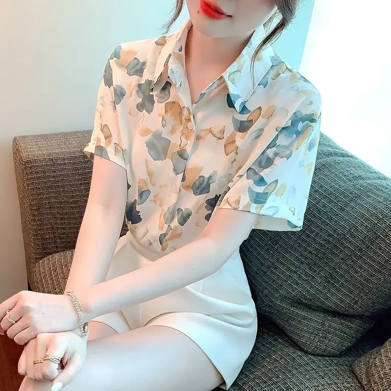 Chemise florale élégante en mousseline de soie à manches courtes, haut ample et Unique pour l'été