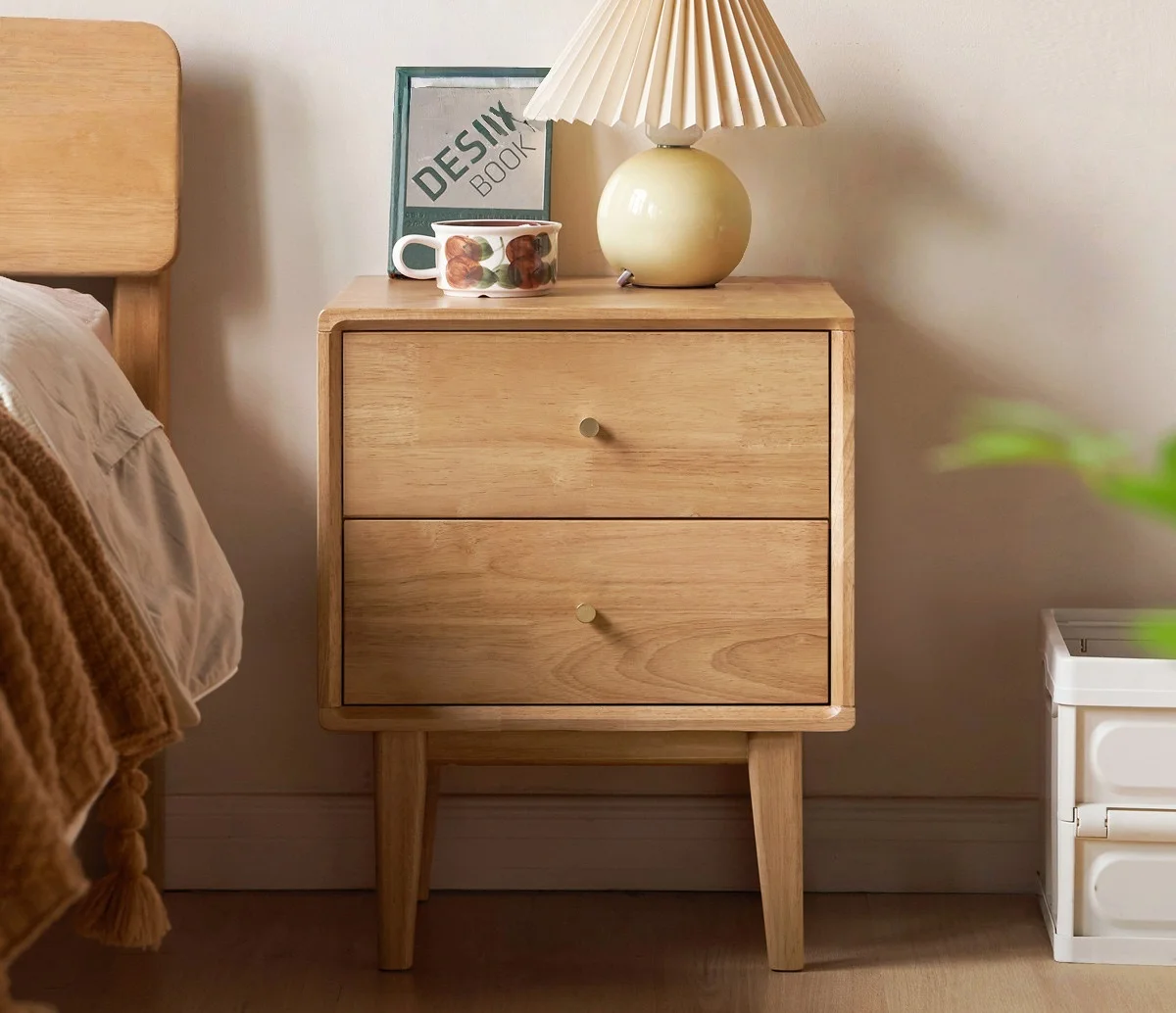 Wooden Style All Solid Wood Multifunctional Bedside Table Modern Nordic Double Drawer Storage Cabinet Bedroom Furniture