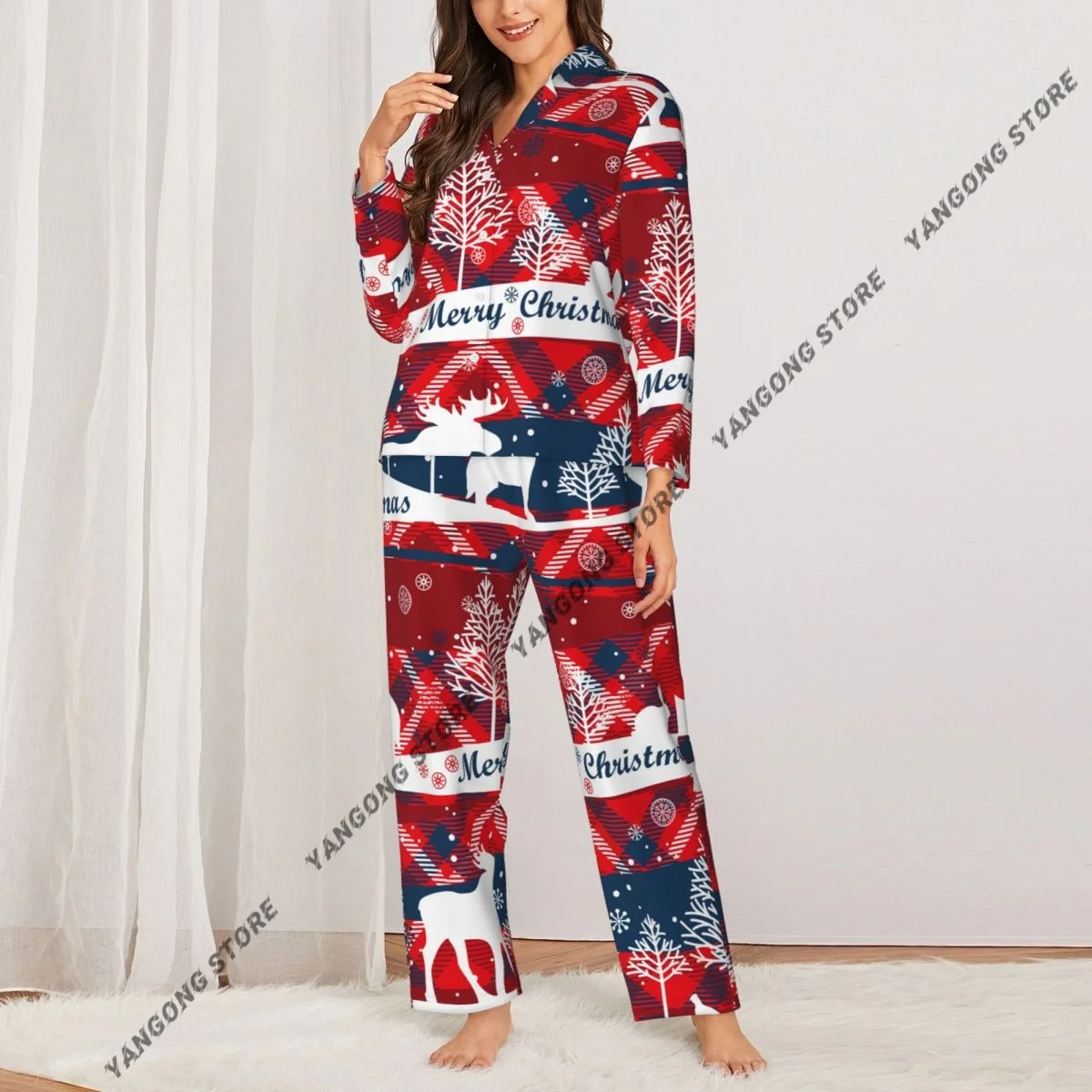 Merry Christmas Happy New Year Pattern Womens Pajamas Loungewear Two-piece Sleepwear Button-Down Full Sleeve Long Pajamas Set