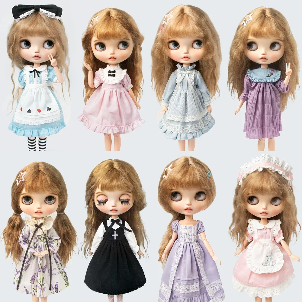 Blythe Doll Cute Soft Outfit Retro Floral Lace Maid Apron Dress Pleated Skirt Set For YMY Licca Azone OB22 OB24 Ker Doll Clothes