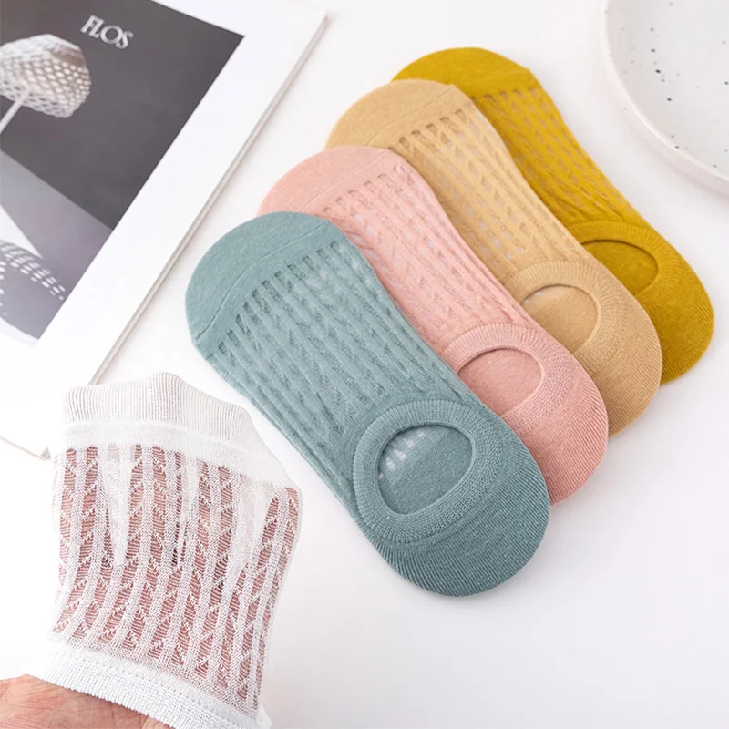 5 Pairs Summer Thin Mesh Socks Ladys Shallow Silicone Anti Slip Invisible Socks Lovely Solid Color Boat Socks