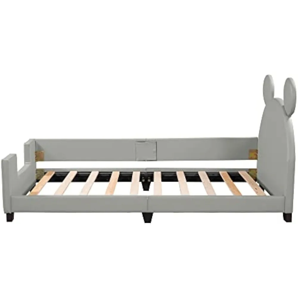 Twin Size Bed with Carton Ears Shaped Headboard,Cute Wood Bed-frame for Boys Girls, PU Leather Upholstered Daybed