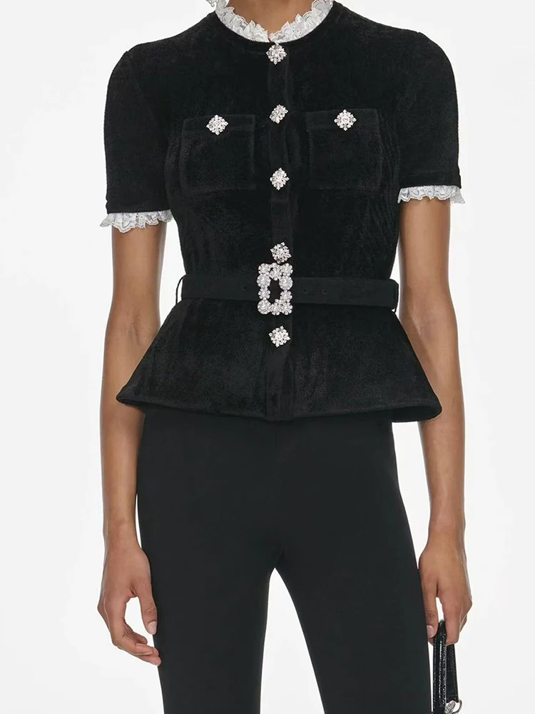 

High Quality Luxury Fashion Black Lace Trim Black Velvet Jacket Women O-Neck Diamond Buckle Slimming Coat Tops with Belt Ladies