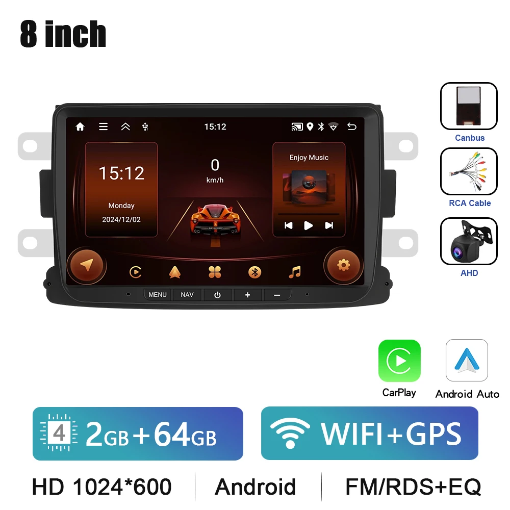 Podofo 8 "Autoradio CarPlay Android Radio Voor Renault Dacia Sandero/Duster/Logan/Dokker 2010-2015 multimedia GPS Bluetooth FM