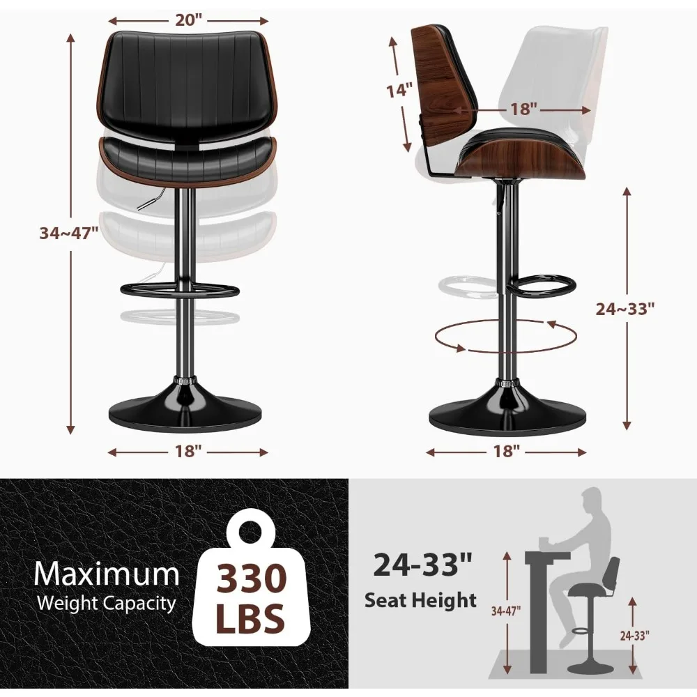 Swivel Bar Stools Set of 3, Adjustable Bentwood Barstools for Kitchen Counter, Modern PU Leather Upholstered Bar Chair with Back