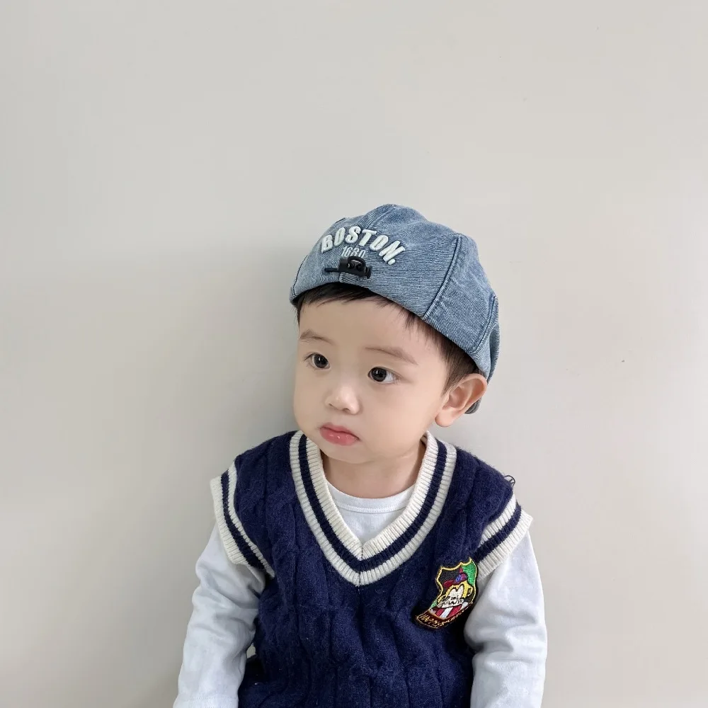 Retro Solid Color Kids Denim Beret Embroidered Letter Drawstring Peaked Cap All-match Forward Hat Newsboy Cap Spring