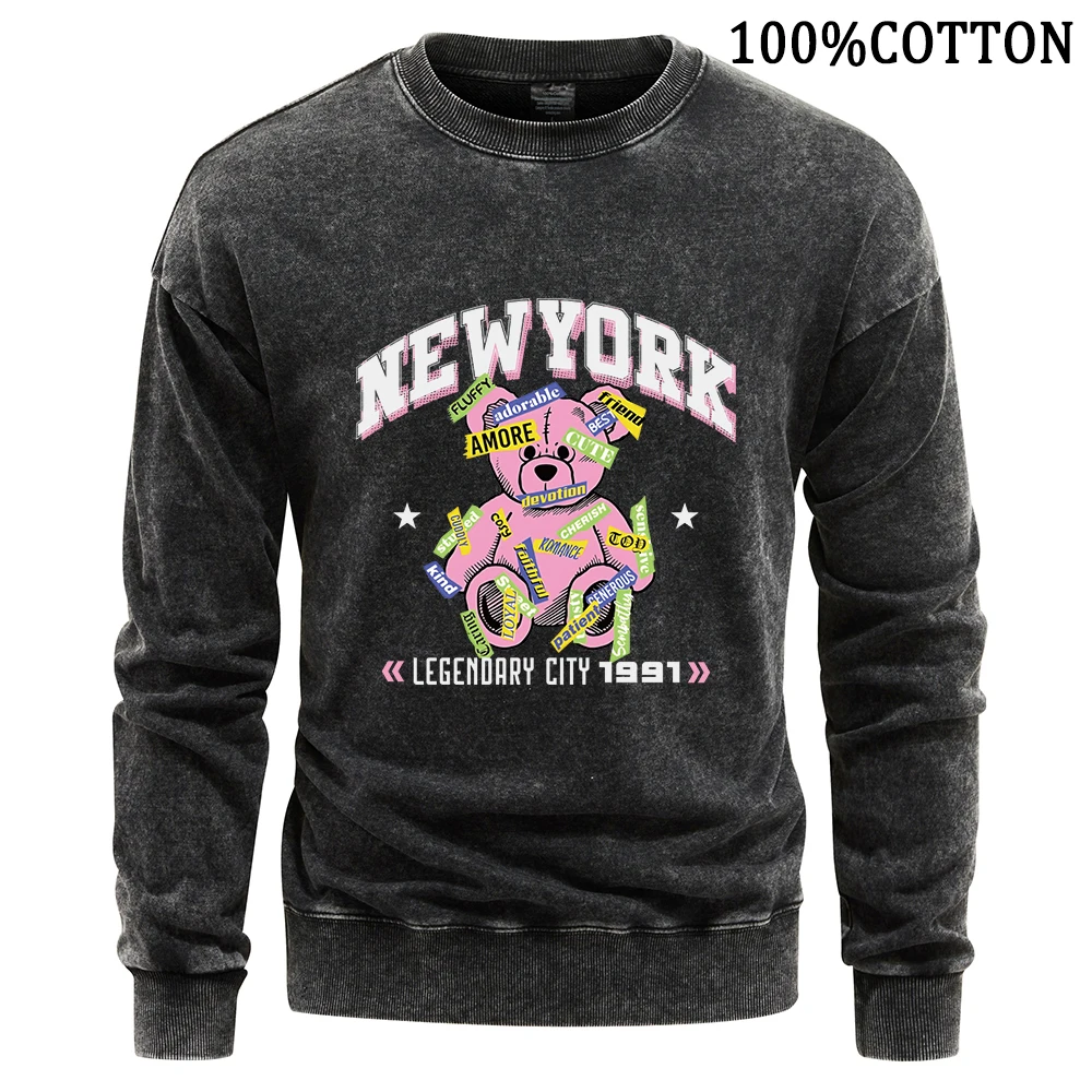 New York Pink Graffiti Bear Men Sweatshirt Retro Washed Hoodie Autumn New Cotton Hoodies High Quality Crewneck Sweatshirts Tops