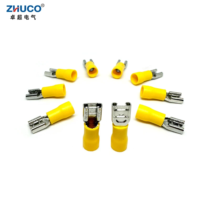 50pcs FDD5.5-250 6.35mmFemale Insulated Cable Connectors Electrical Yellow Crimp Terminal Plug For AWG12-10 Wiring 4-6mm2