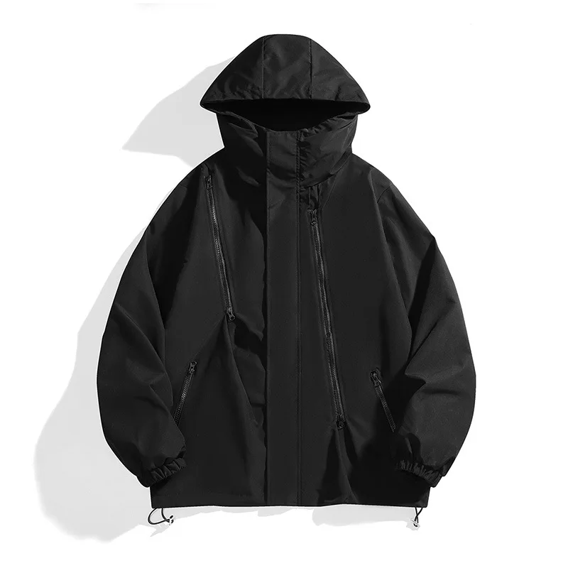 Men Solid Coats Cargo Jackets Zipper Full Sleeve Hooded Y2k Streetwear Loose Work Casual Windbreaker Jacket Hiking Autumn Winter