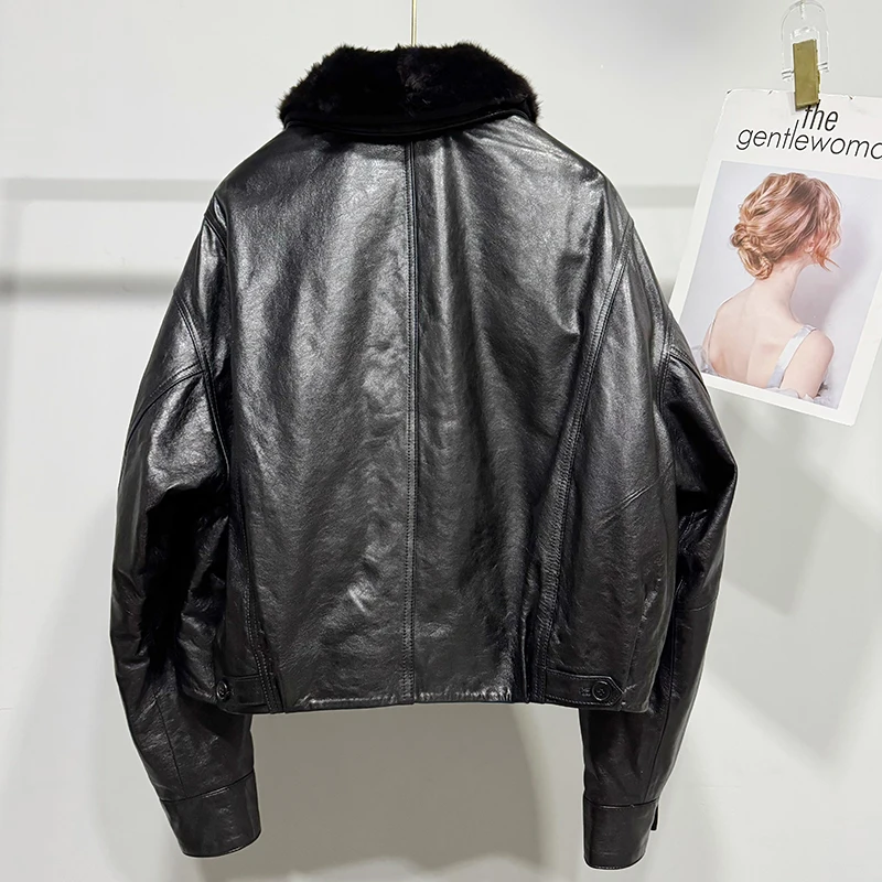 سترة جلدية للنساء مستوردة من زيت الندى البارد الشمع طبقة علوية من فرو الغنم المتكامل معطف قصير من ريش الإوز ملابس خارجية أنيقة دافئة #6