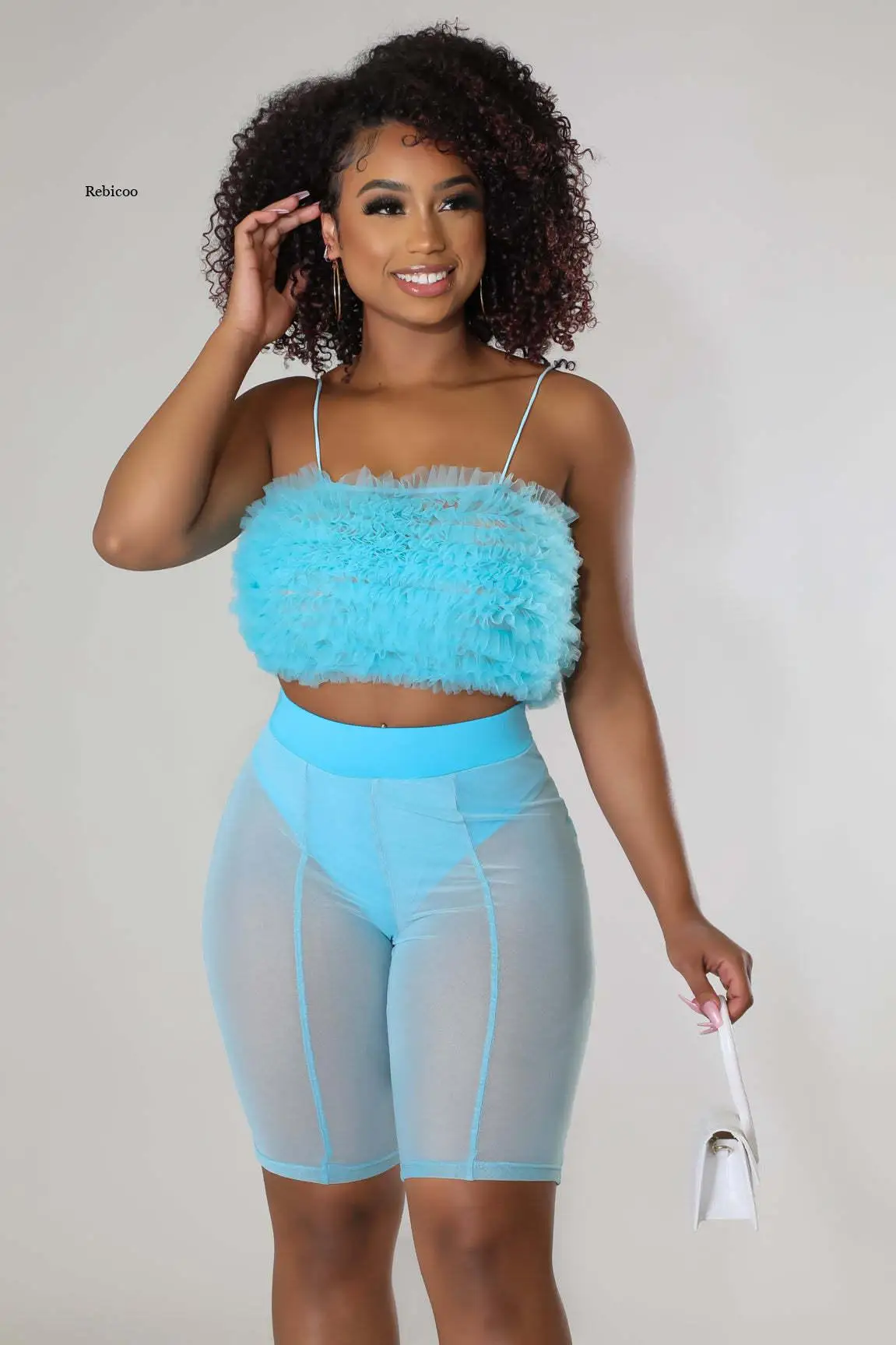 

Women Summer Sling Ruffles Crop Top Shorts Skinny Club Party 2 Piece Set Outfits Sexy Sheer Mesh Patchwork Short Tracksuit