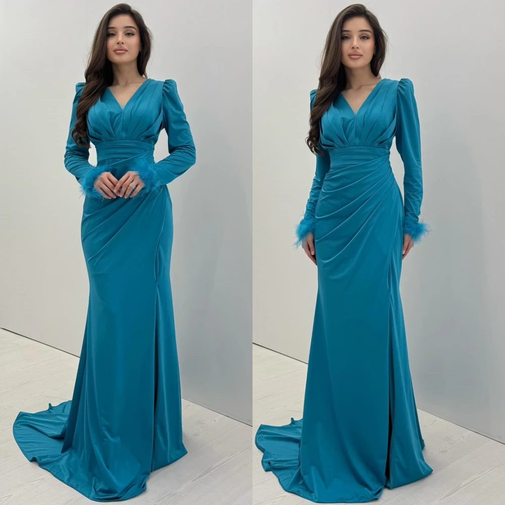 

Customized Luxury Jersey Evening Dress Delicate Long Sleeves V-Neck Prom Dresses Temperament Feathers Special Occasion Gowns
