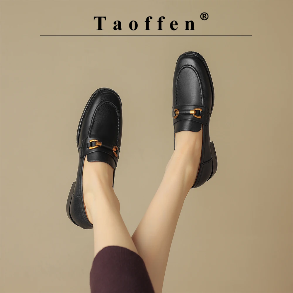 Taoffen Women Loafers Genuine Leather Soft Sole Round Toe Casual Slip On Office Lady Flat Shoes Fashion British Style Lady Shoes