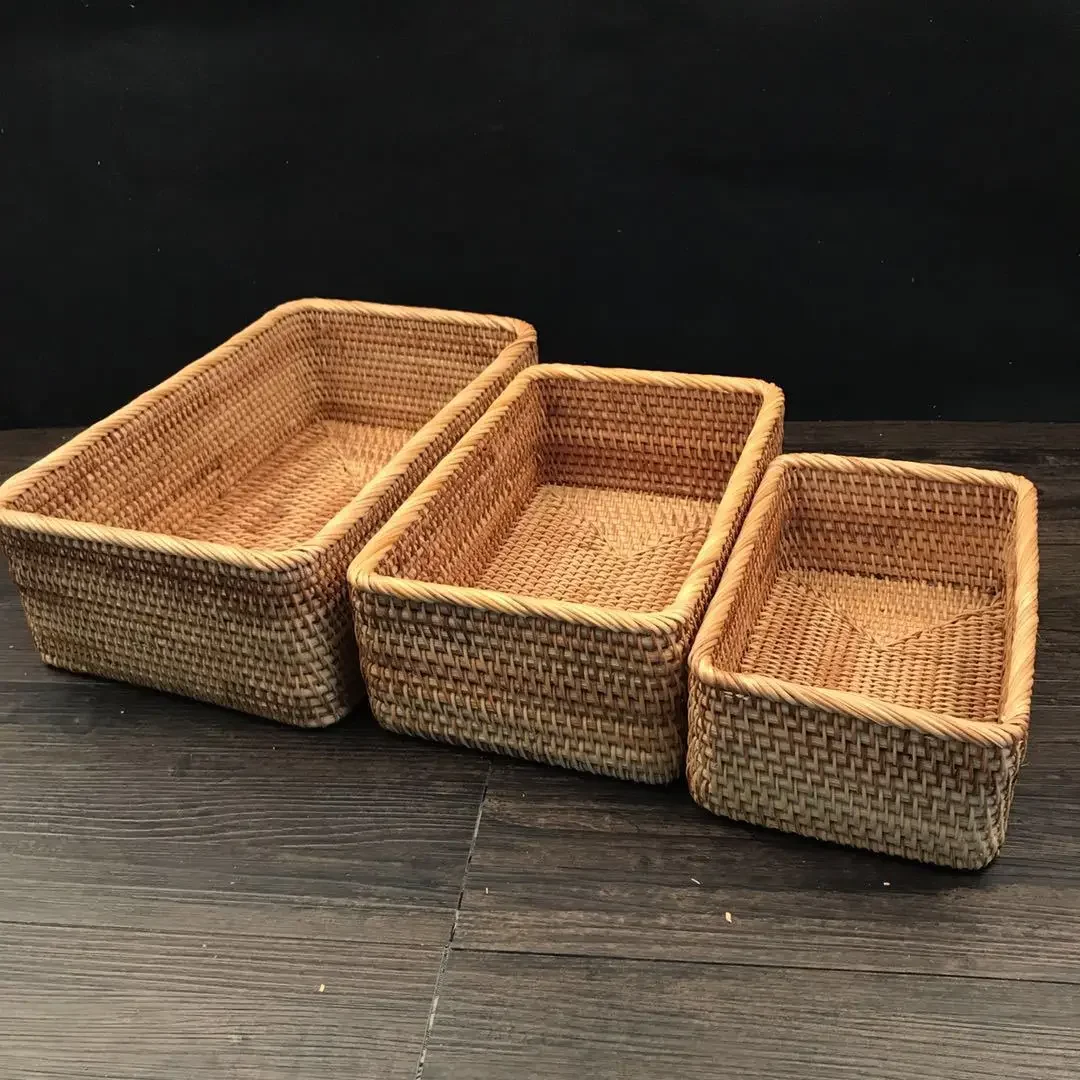 3 Sizes Rectangular Rattan Storage Baskets, Handmade Woven Nesting Wicker Baskets for Decor, Fruit Tray and Snack Storage Box