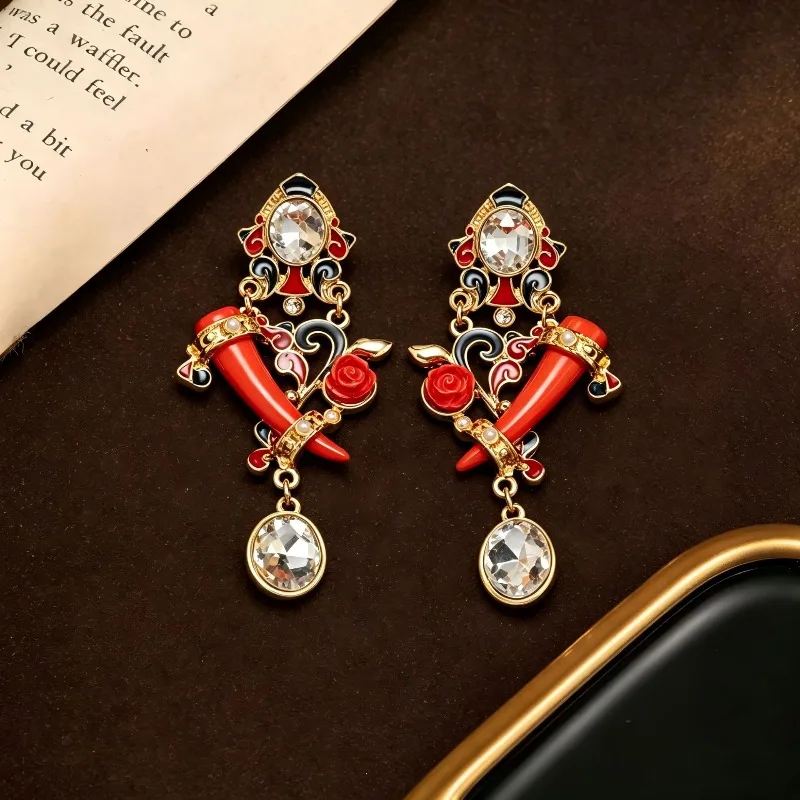 Enamel Horn Earrings, Black Red Tone, Luxury Temperament Dainty Statement Ear Jewelry for Women