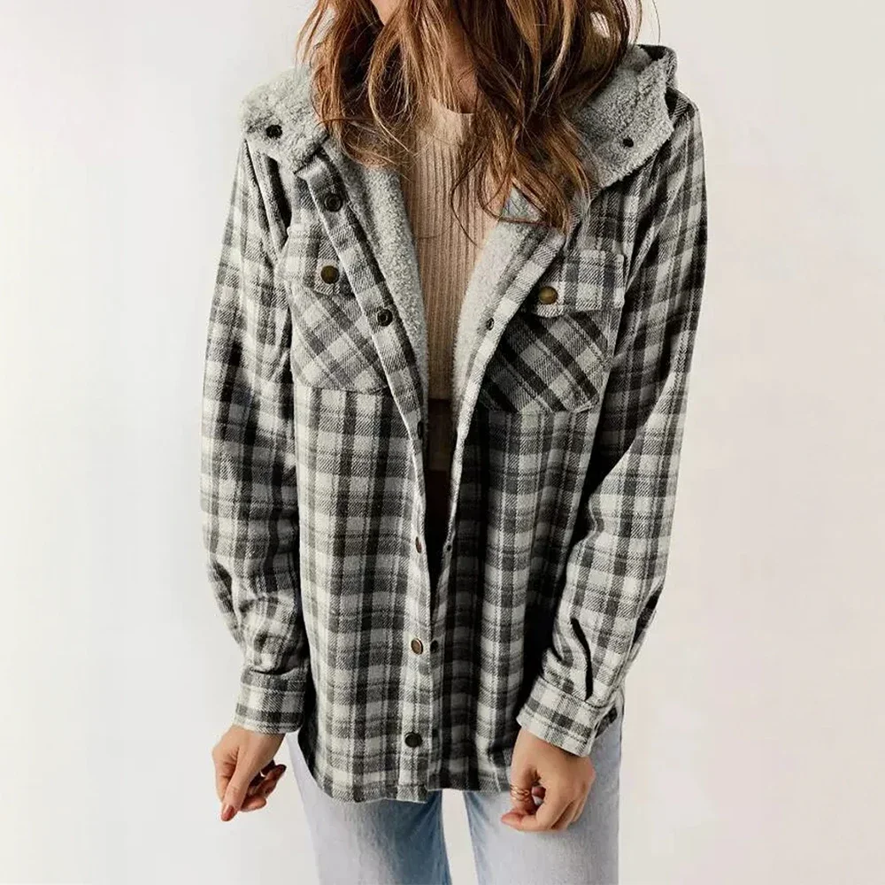 سترة نسائية كورية خفيفة الوزن بنمط منقوش بصدر واحد وطية صدر السترة شيربا وغطاء للرأس للخريف والارتداء اليومي #5