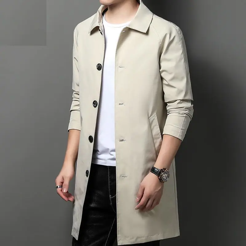 Spring Autumn New Solid Color Turn-down Collar Long Sleeve Windbreaker Man High Street Casual Mid-length Button Pocket Cardigan