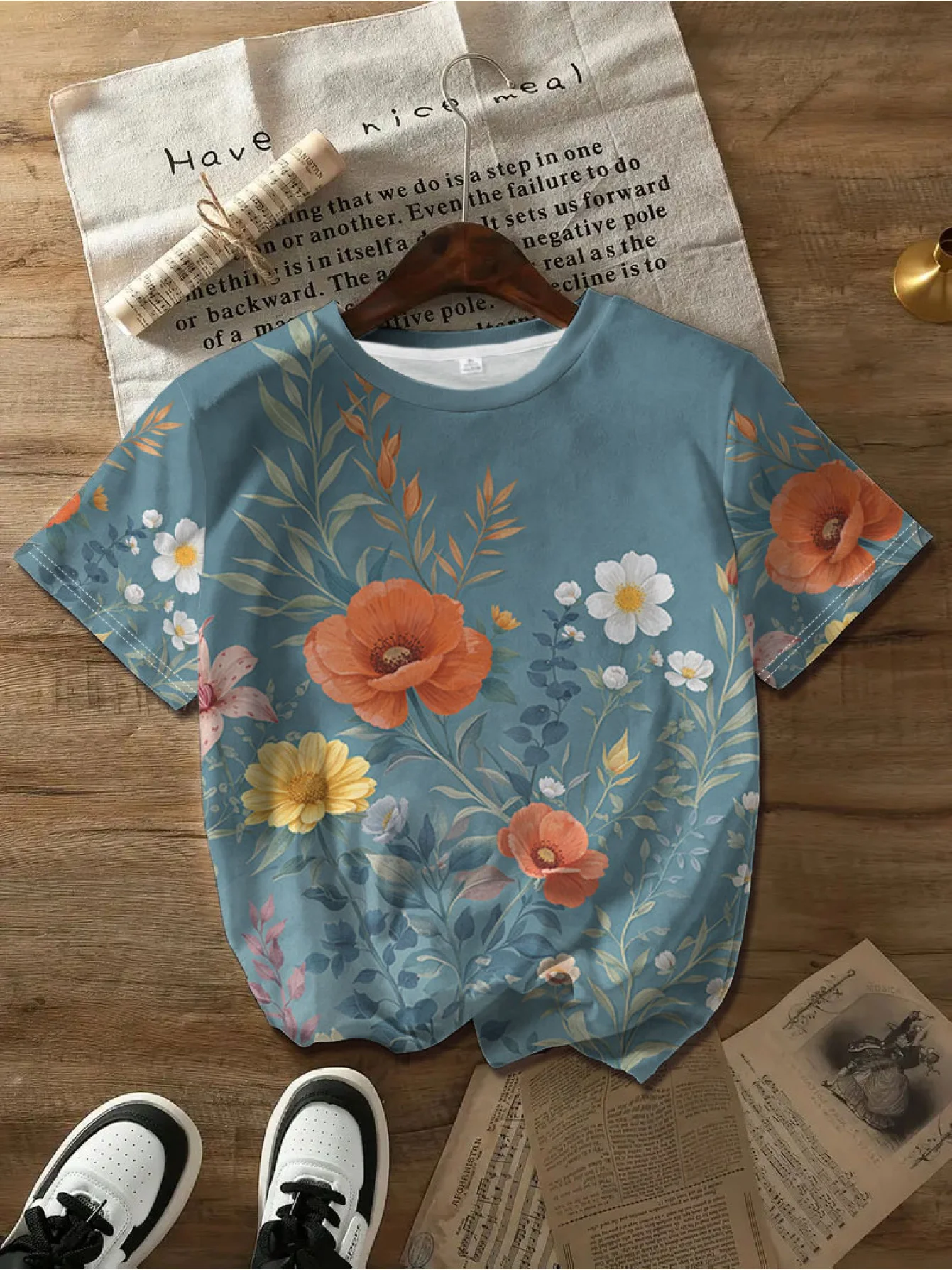 Women T‑shirt Short Sleeve Retro Poppy Daisy Wildflower Botanical Graphic Print O‑neck Casual Daily Summer Fashion Tee Top