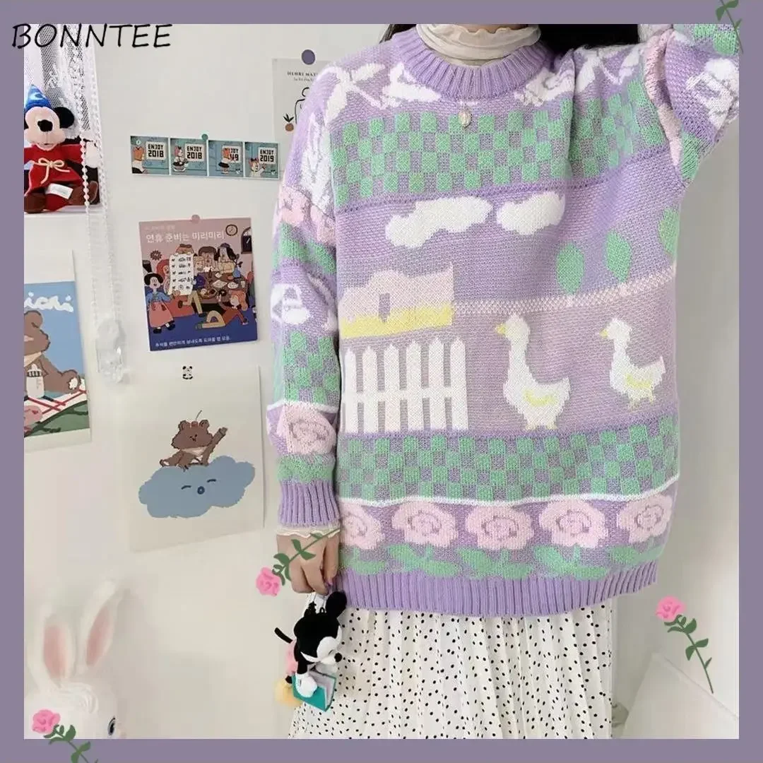 Sweaters Women Sweet Ins Purple Flowers Design Vintage College Girl Knitwear All-match Fall Spring Korean Popular Femme Pullover